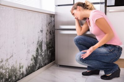 woman looking at mold in her kitchen